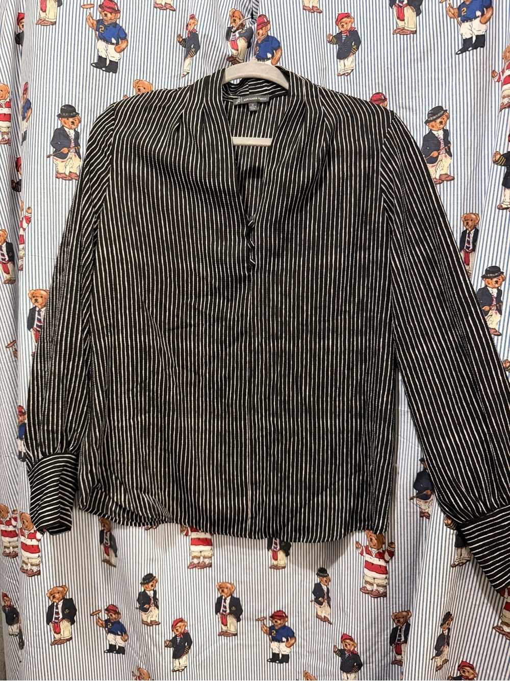 Adrianna Papell Black and White Striped V-Neck Blouse